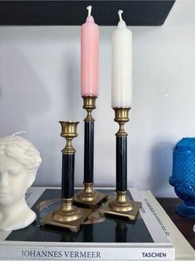 Beautiful Vintage Set of Three Solid Brass Candlesticks - Enameled Centers